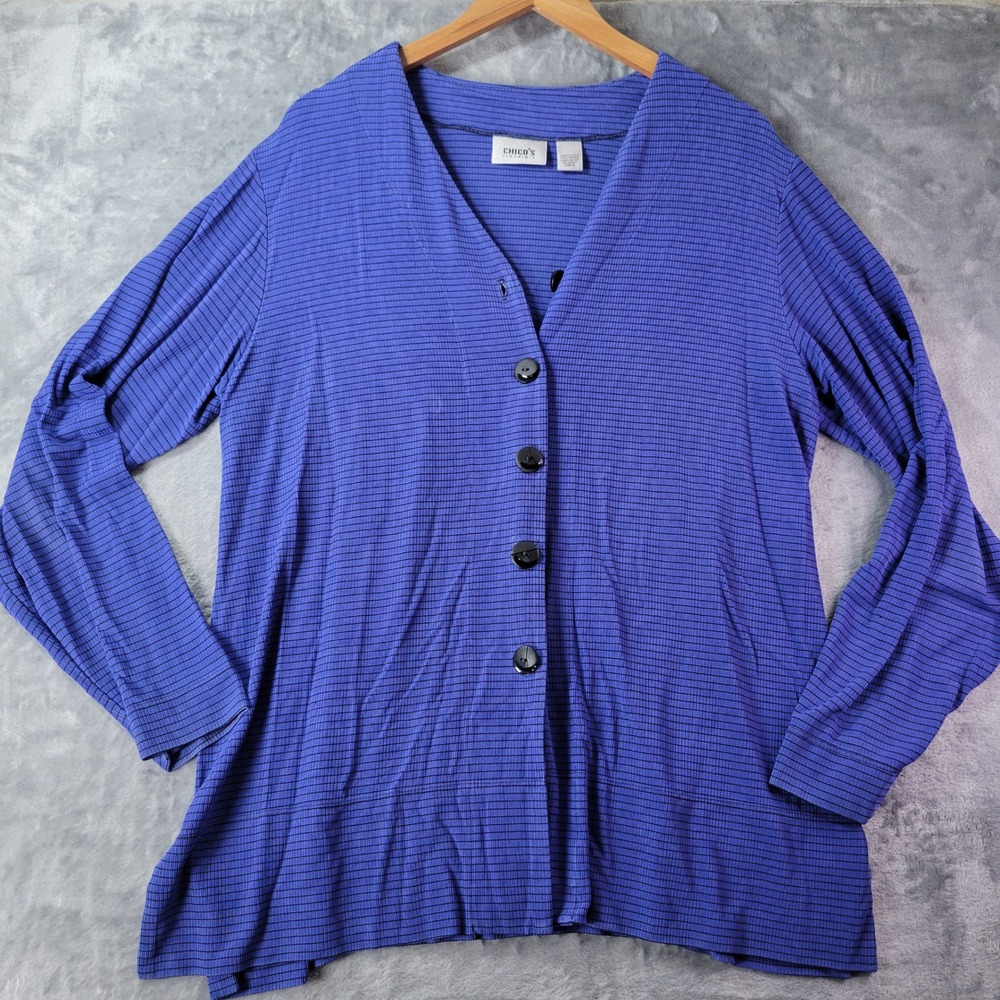 Chico's Travelers Blue Ribbed Button Front Cardigan Jacket Size 3 (XL/16)
